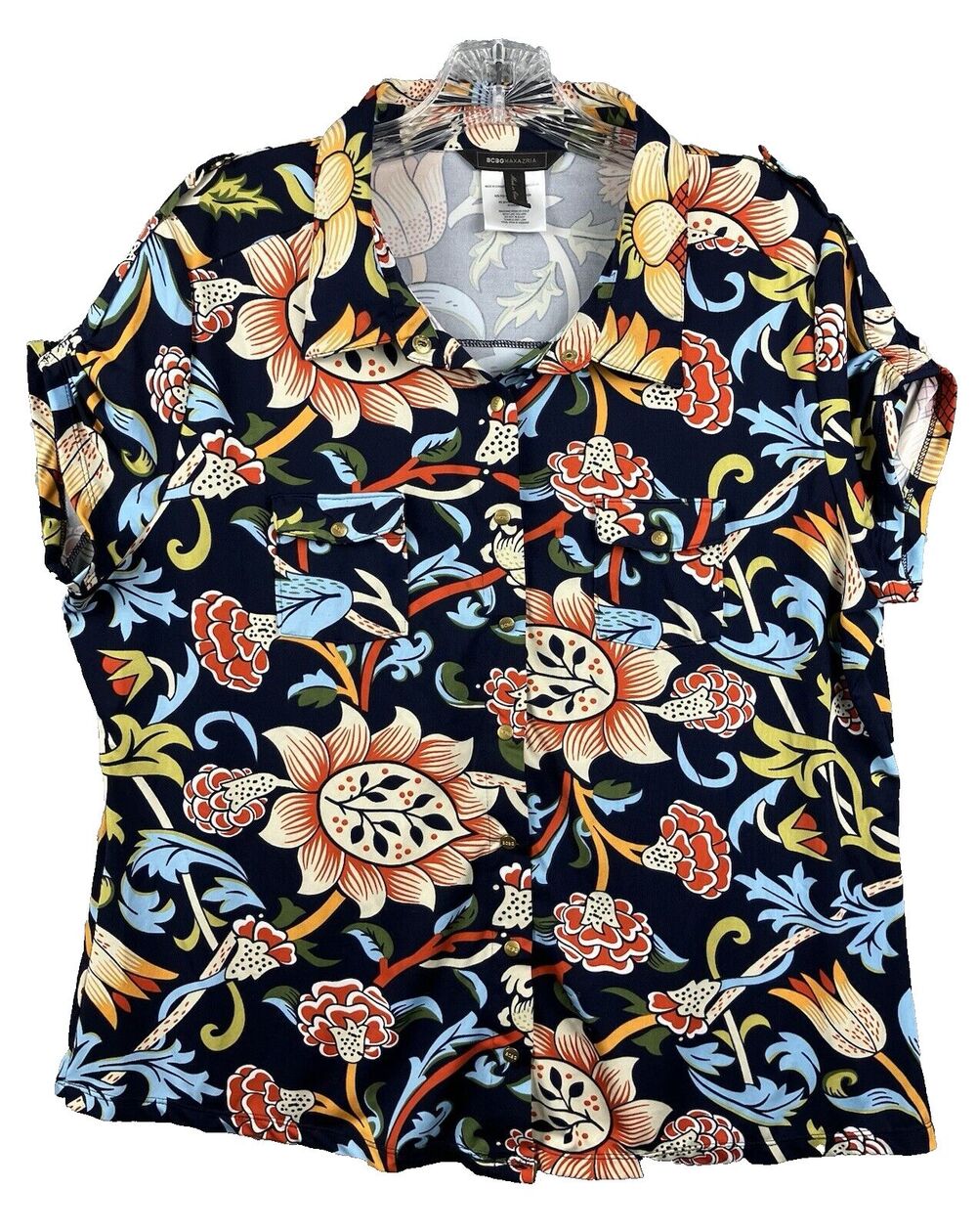 BCBG MAXAZRIA Womens XL Top Blouse Bold Multicolor Floral Short Sleeve